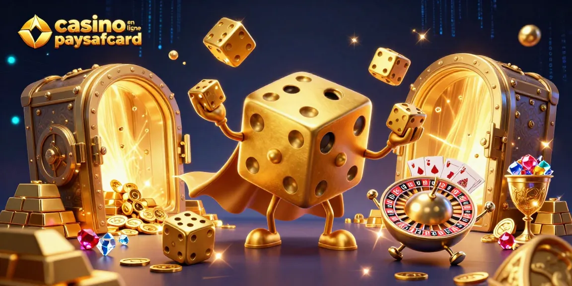 Jouez à des jeux de casino en ligne paysafecard avec des dés dorés et des trésors scintillants.