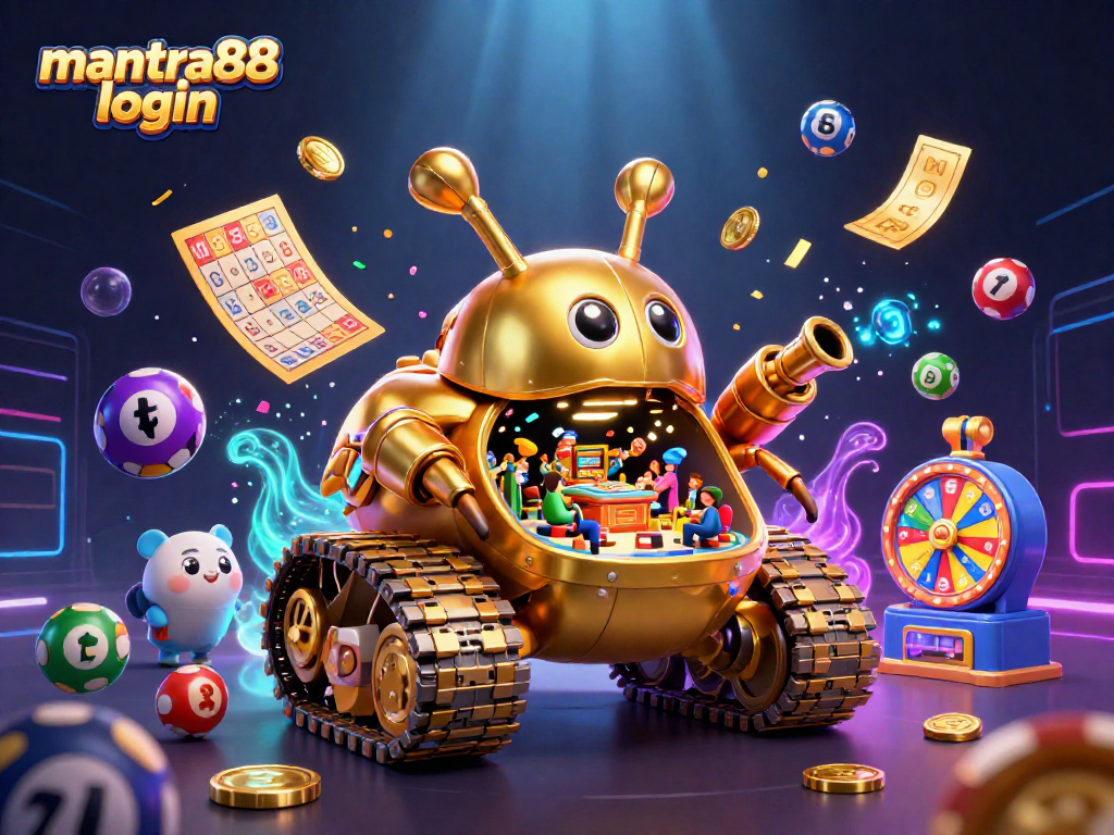 Experience the thrilling mantra88 login with a fun 3D casino scene showcasing colorful games, confetti, and excitement.