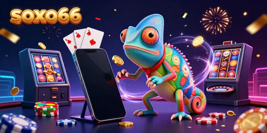 Engage with soxo66's vibrant casino scene featuring a chameleon owner and exciting gaming action.