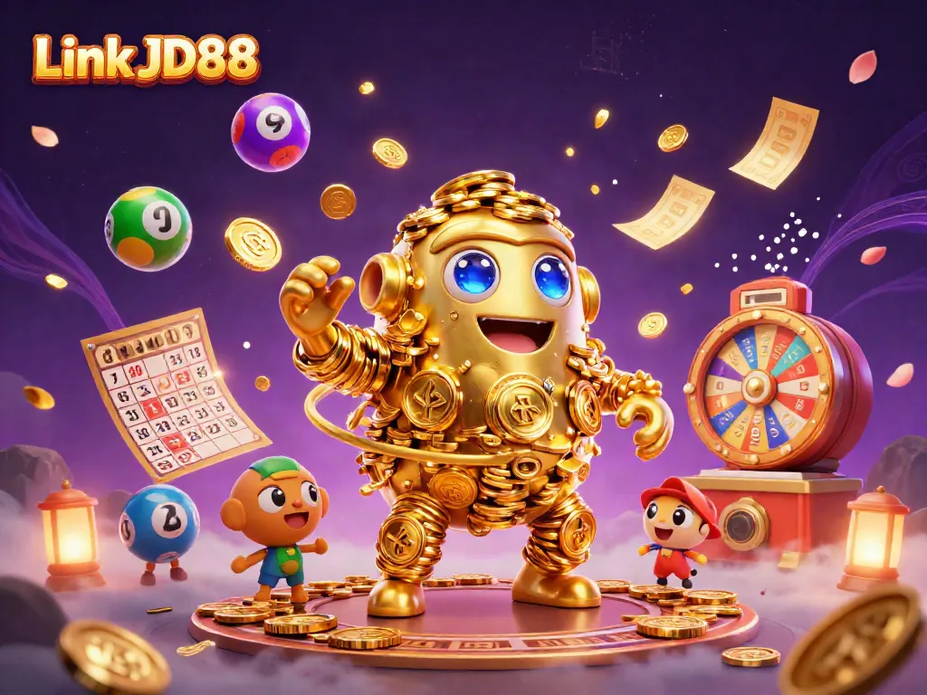 Engage in thrilling gameplay with Link JD88, featuring a cartoon golden golem and vibrant lottery elements.