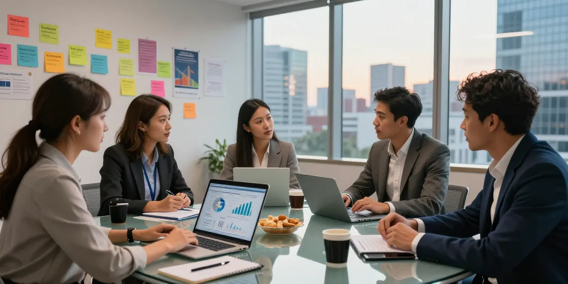 Team collaborating at https://koperasisantun.com/ in a modern office, discussing strategies with laptops open.