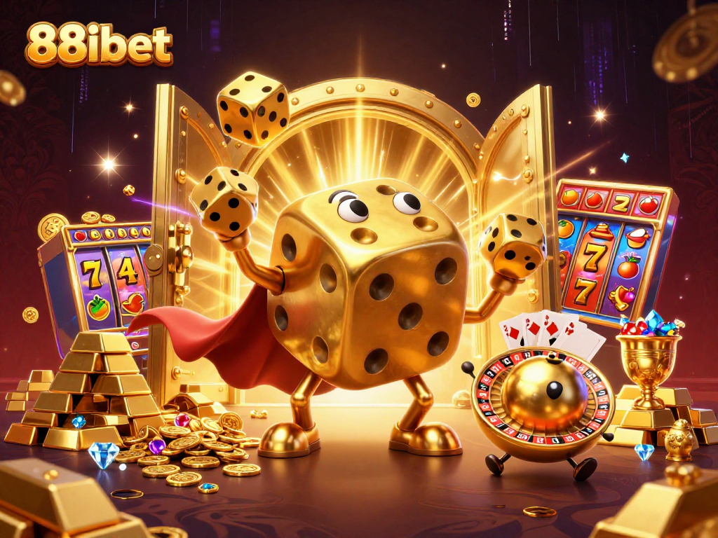 88ibet showcases exciting online gaming with a golden dice golem and jackpot elements.