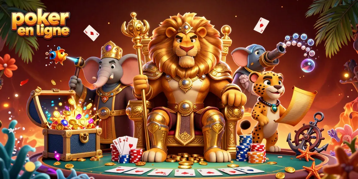 Jouez au poker en ligne avec cette illustration dynamique présentant une scène de jeu animée et engageante.