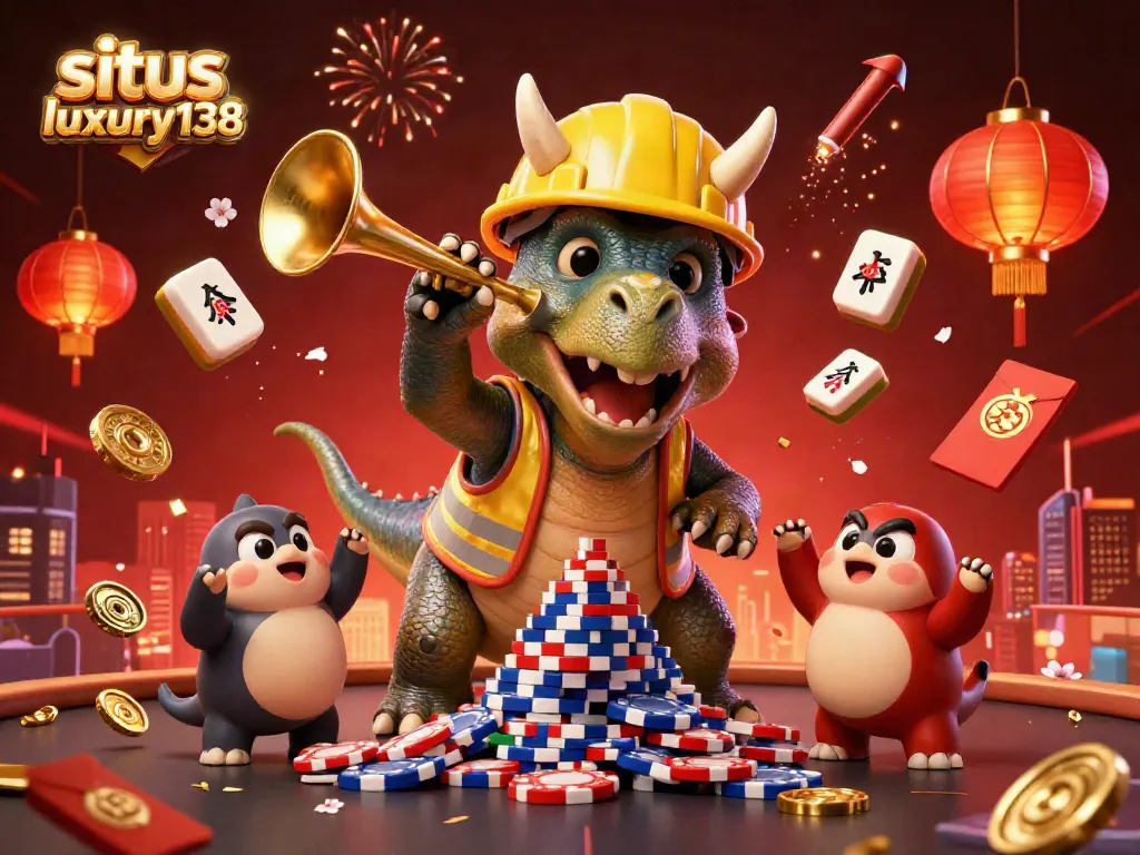 Merayakan kemenangan di situs luxury138 dengan triceratops membangun tumpukan chip poker di kasino digital.