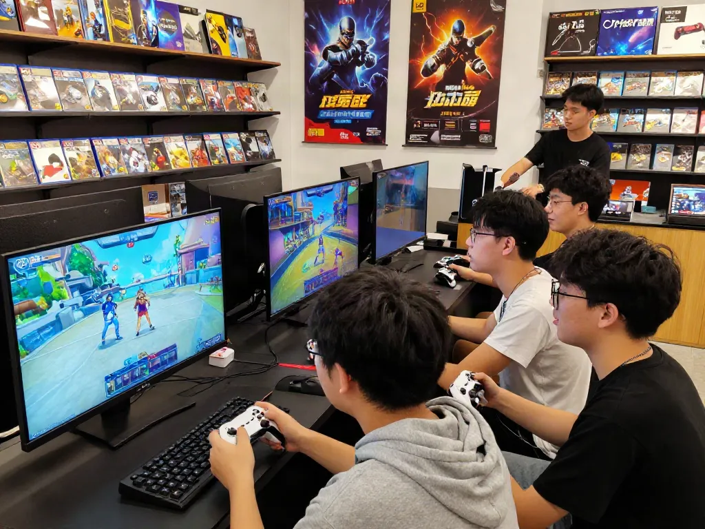 Excited gamers exploring rokok88 rtp games in a vibrant store atmosphere.