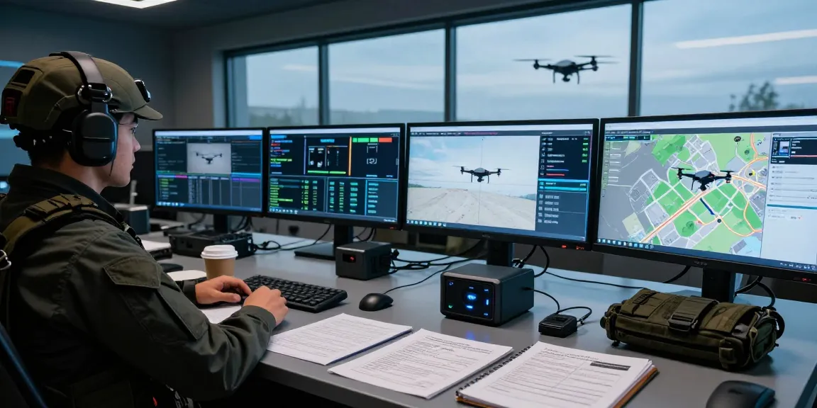 Monitoring anti drone jammer operations in a high-tech security room ensuring airspace safety.