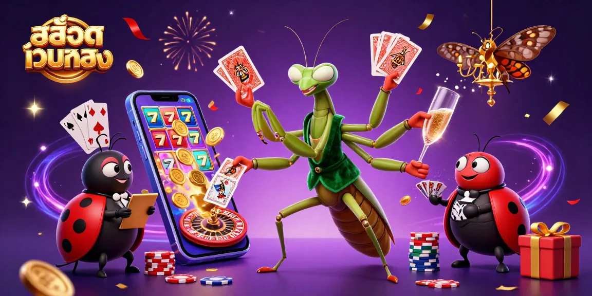 Engage with สล็อตเว็บตรง in a vibrant casino scene featuring a mantis card sharp and ladybug pit boss.