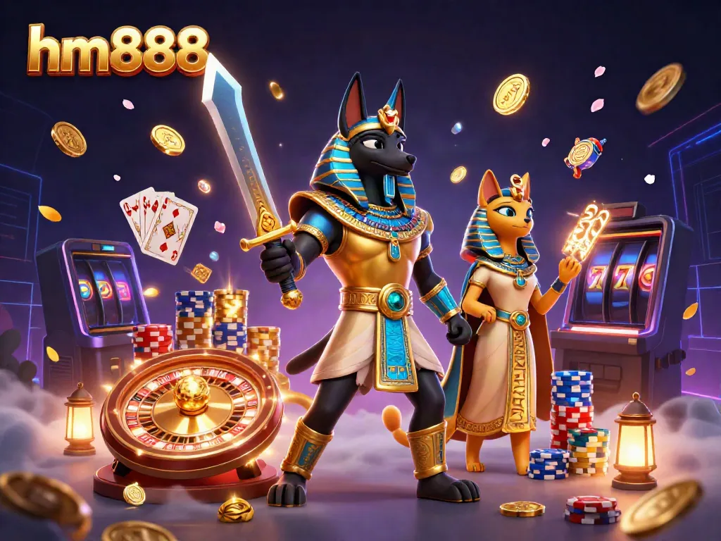 Win big with hm888 in this vibrant 3D illustration featuring an Egyptian warrior and casino elements.