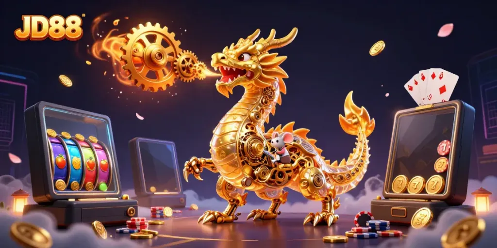 Engage with JD88 as a golden dragon breathes gears, surrounded by vibrant casino elements.