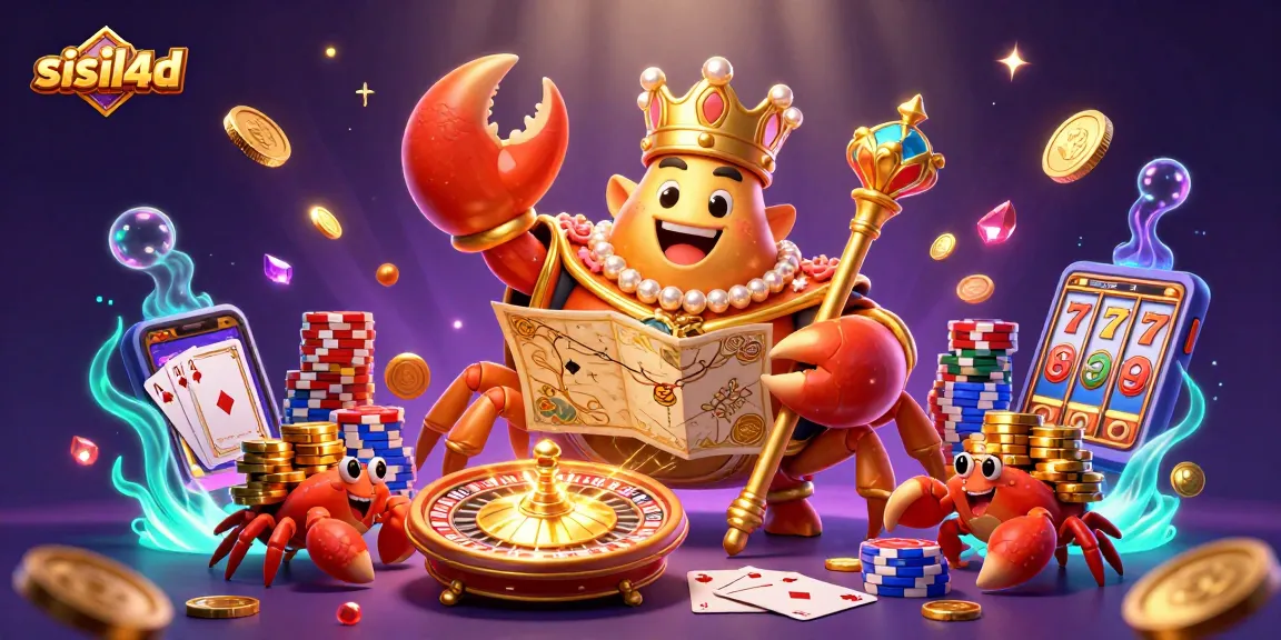 Experience the excitement of sisil4d with a golden crab emperor in a vibrant casino setting featuring shimmering gems and rich rewards.