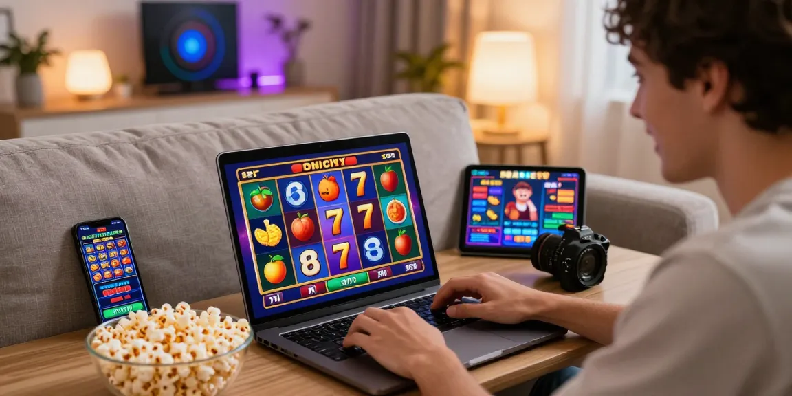 Player enjoying สล็อตเวบตรง with vibrant graphics in a cozy living room