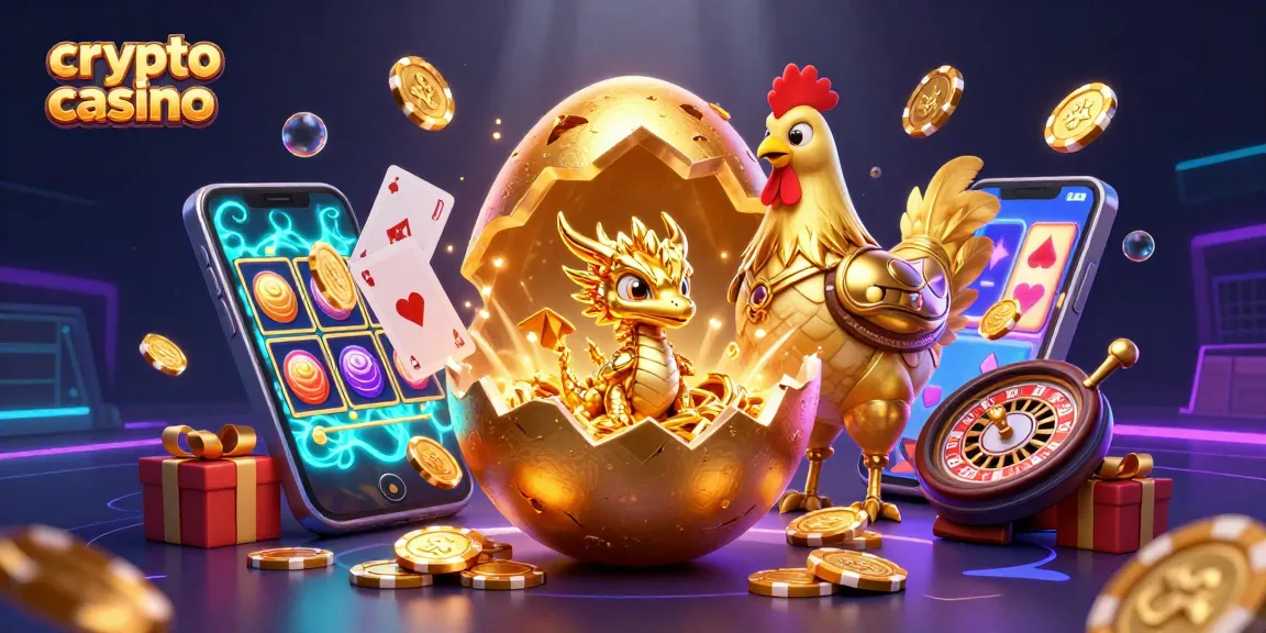 Faites l'expérience d'un crypto casino dynamique avec un dragon doré sur des jetons de poker, entouré de jeux et de pièces d'or.