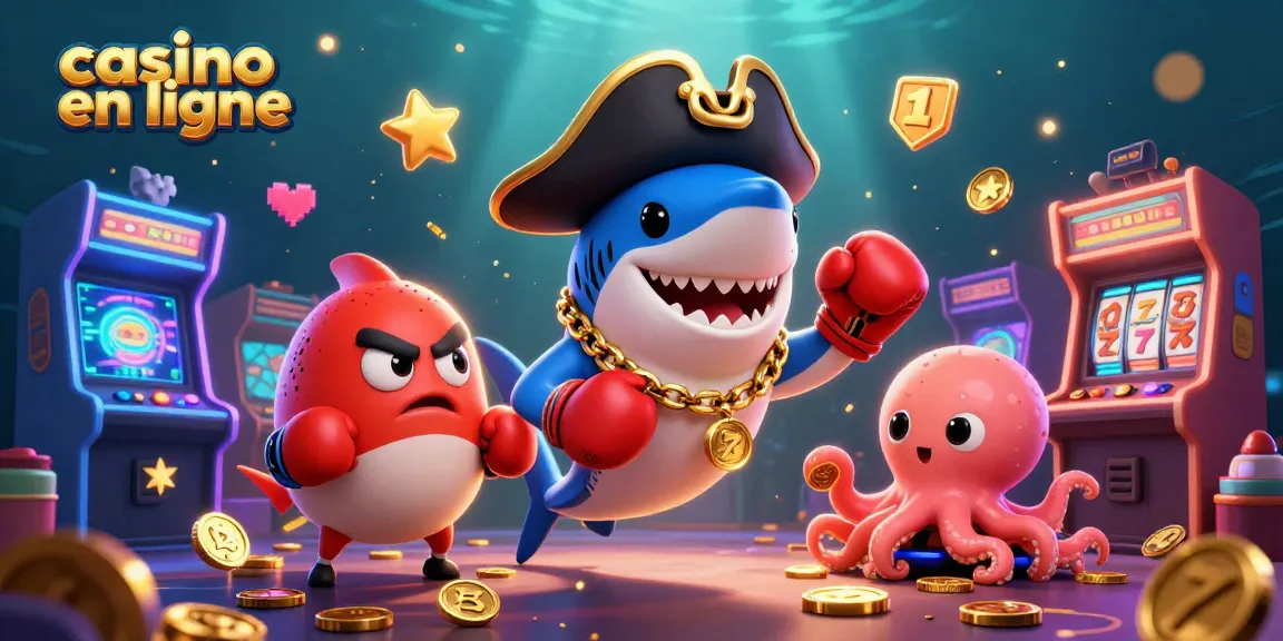 Venez jouer au casino en ligne avec une illustration riche en couleurs, incluant un requin pirate et un pieuvre mignon.
