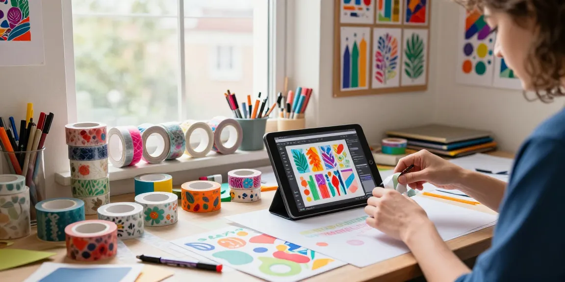 Creative workspace design custom washi tape with colorful rolls and art supplies, highlighting artistic process.