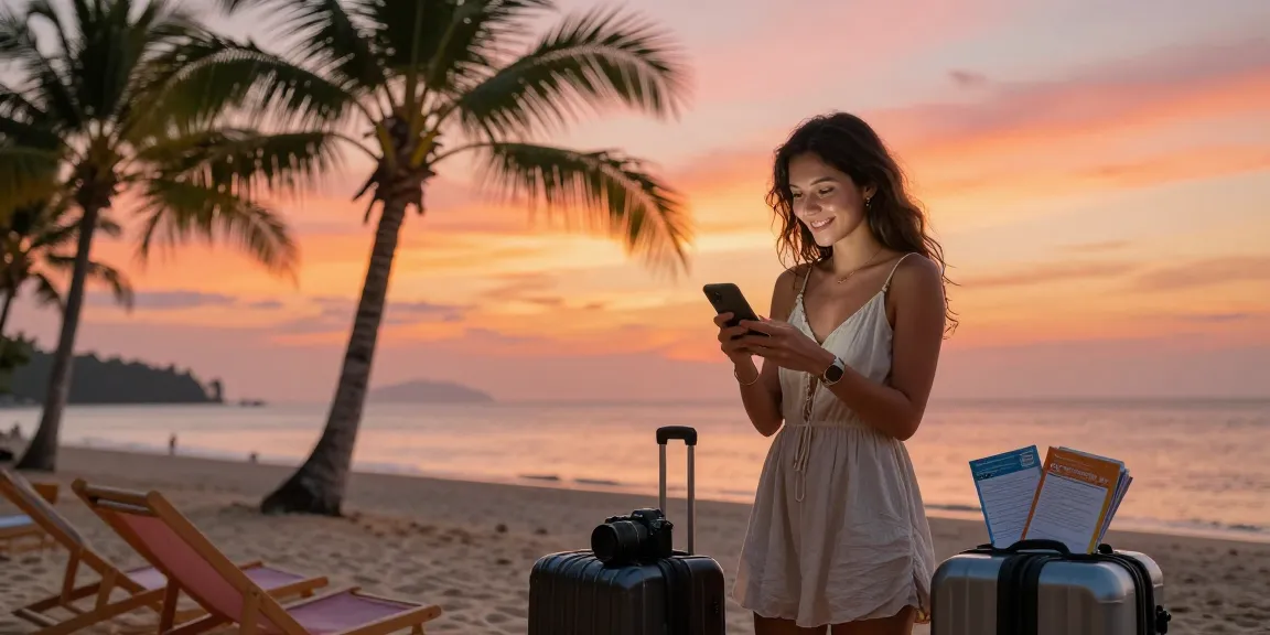 Traveler checking Thailand travel requirements 2026 at sunset beach.