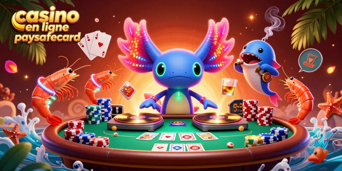 La scène vibrante du casino en ligne paysafecard avec un DJ axolotl et des personnages animés dans une ambiance festive.