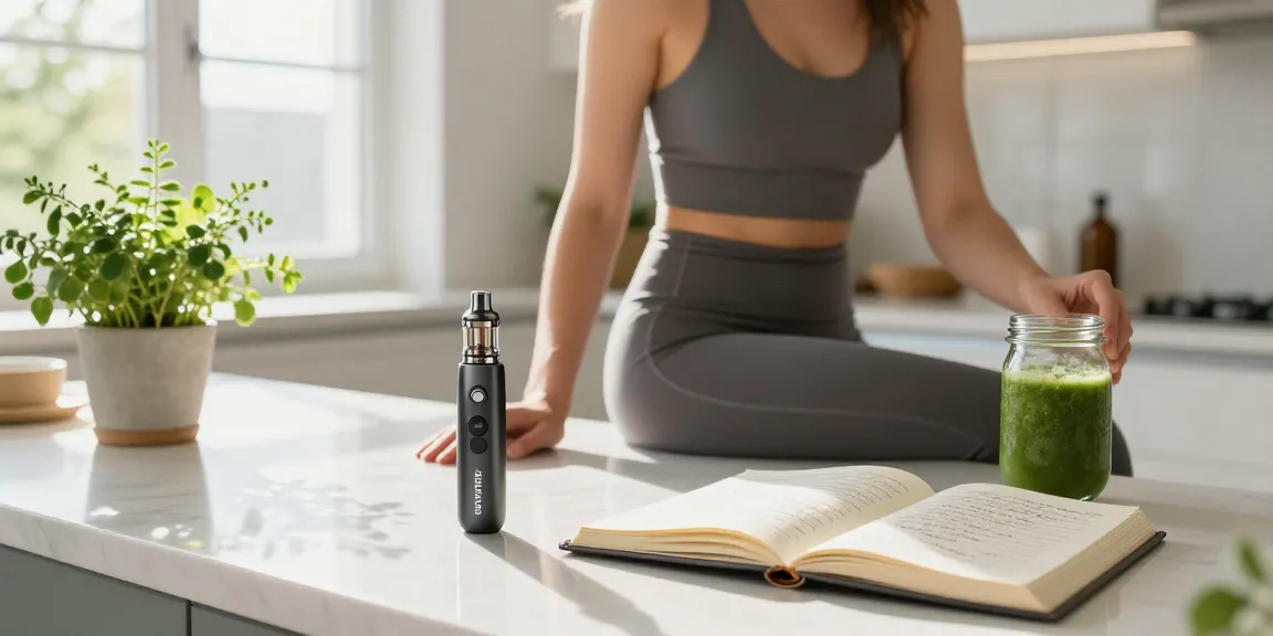Lost Mary BM6000 vape device alongside premium CBD oil in vibrant kitchen, promoting natural wellness.