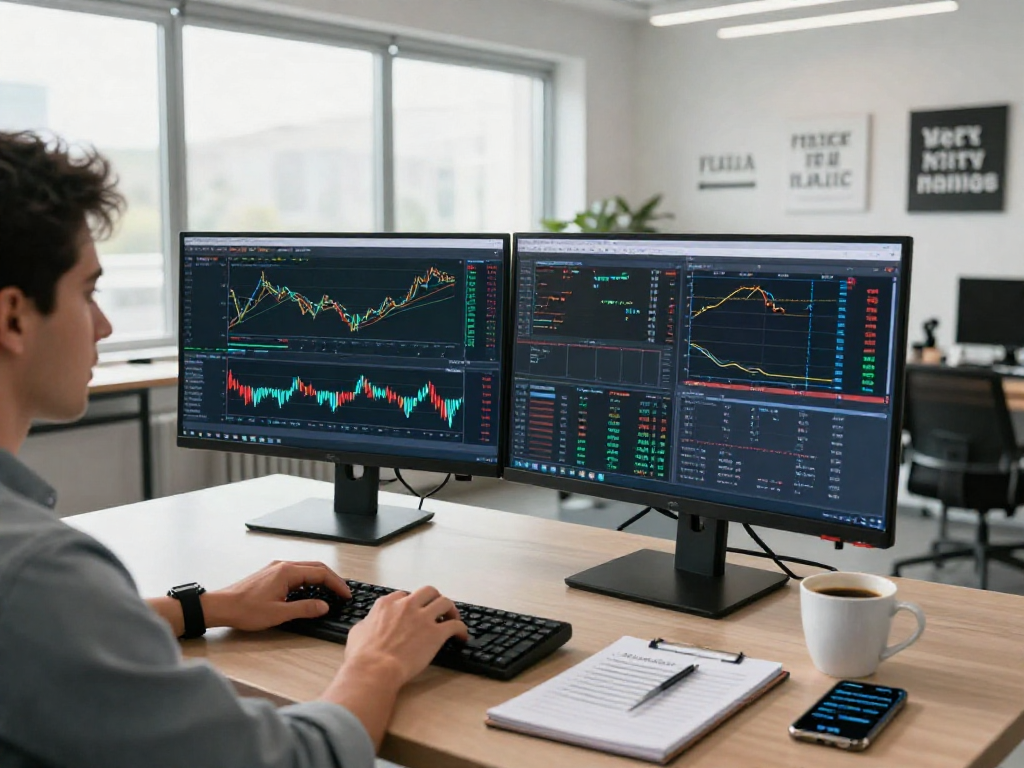 使用MetaTrader 5平台进行市场分析的交易者，展示多屏交易工作环境。