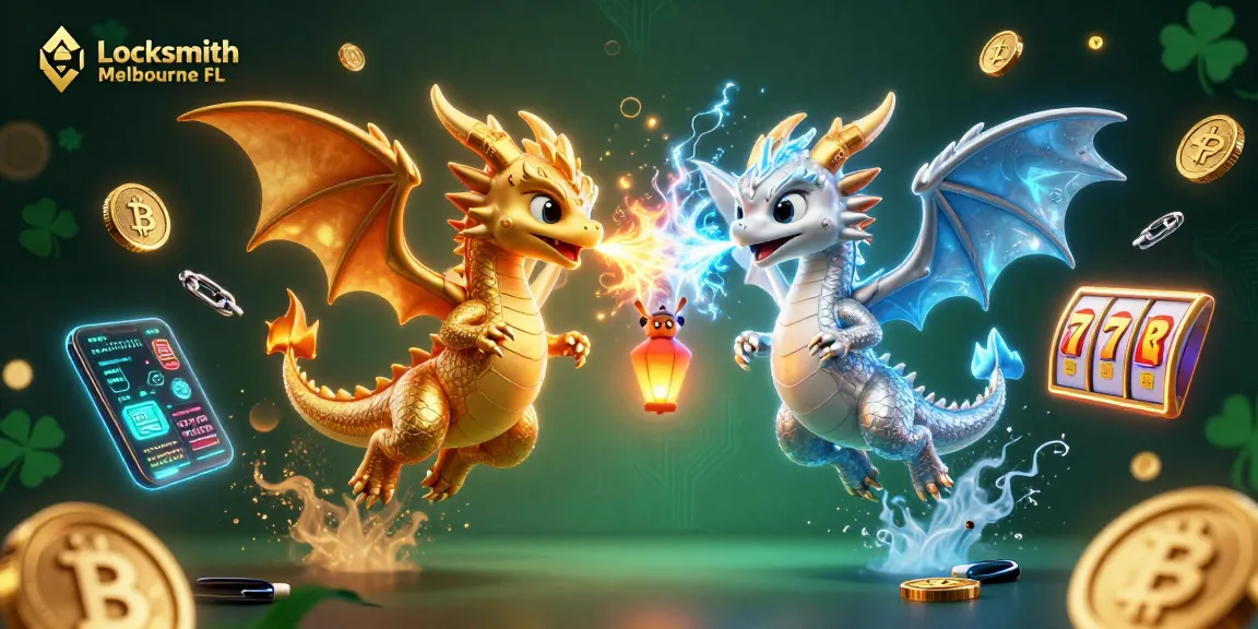 Locksmith Melbourne FL offers expert solutions featuring dynamic dragons and cryptocurrency elements.