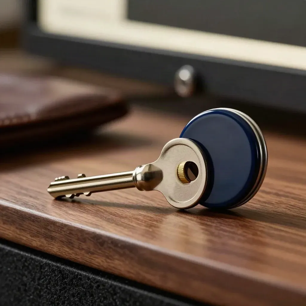 Hardware key, lock cylinder and matte token tin on a warm walnut surface with dramatic light.