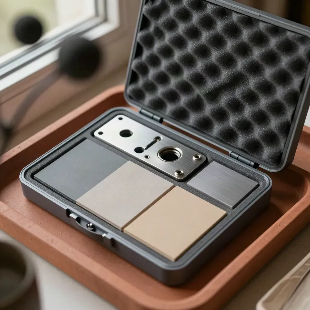 Open foam case with adapter plate and sample sleeves on a terracotta surface.
