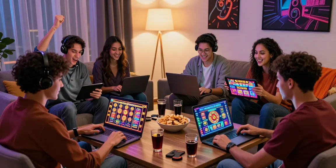 Ami(e)s appréciant des jeux de casino en ligne dans un salon confortable avec une atmosphère vivante.