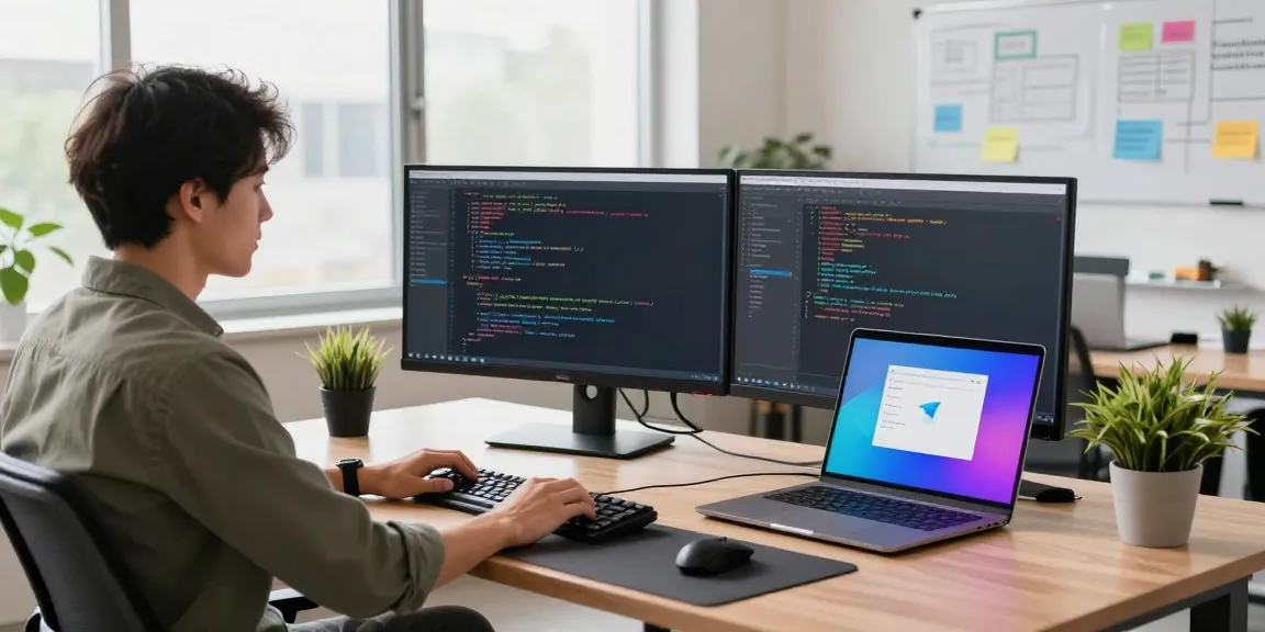 Developer working on the 纸飞机中文版 application in a modern office with dual monitors and coding.