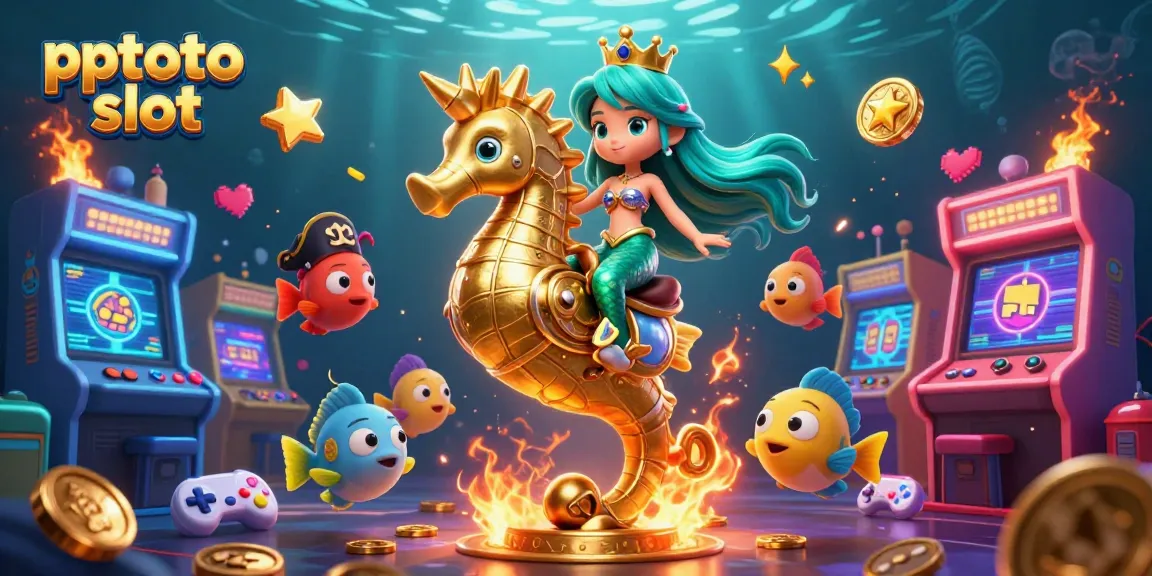 Mengakses permainan di pptoto slot dengan 3D putri duyung dan seahorse yang glamor, sambil dikelilingi elemen permainan yang cerah.