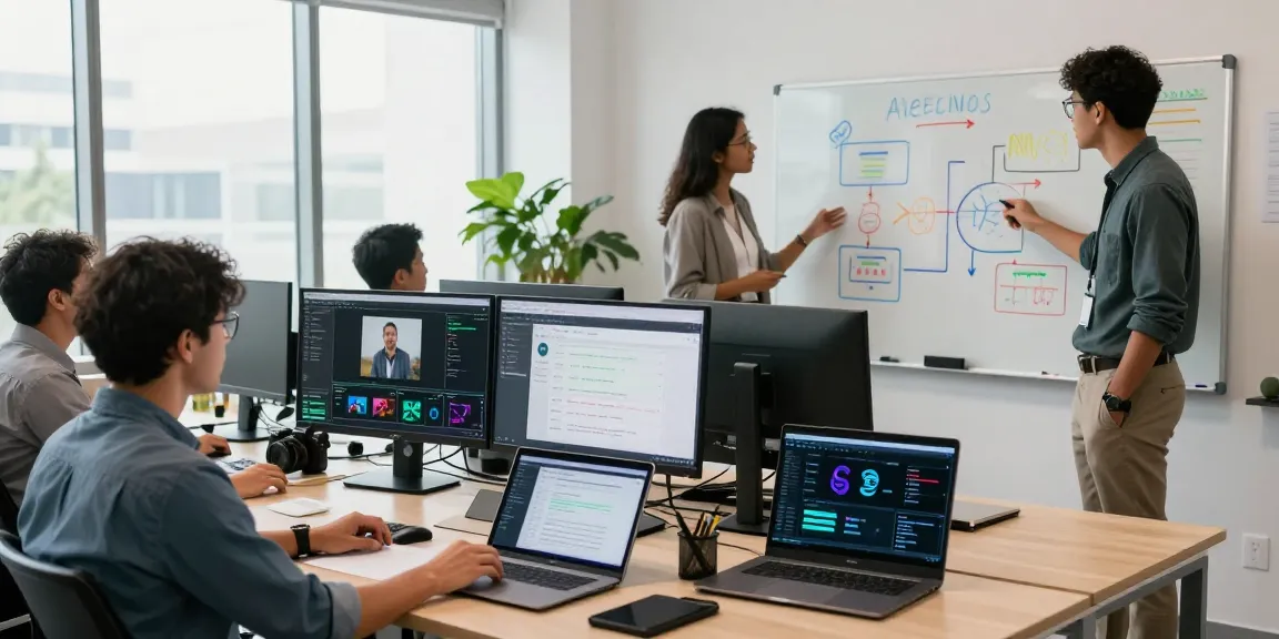 AI detector team collaborating in a modern office, showcasing advanced technology for content moderation.