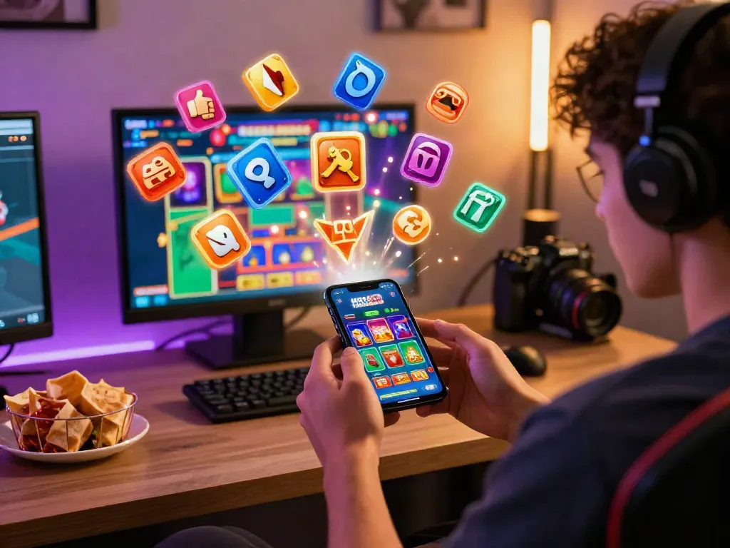 Engaging mobile gaming scene with a user playing the MEGA888 casino app, vibrant graphics and cozy atmosphere.