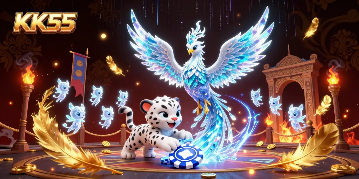 Experience thrilling gameplay at KK55 with an ice phoenix and gambling elements depicted in 3D art.
