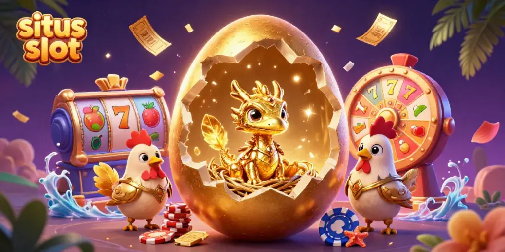 Experience adventure with situs slot's golden dragon amidst vibrant casino elements.