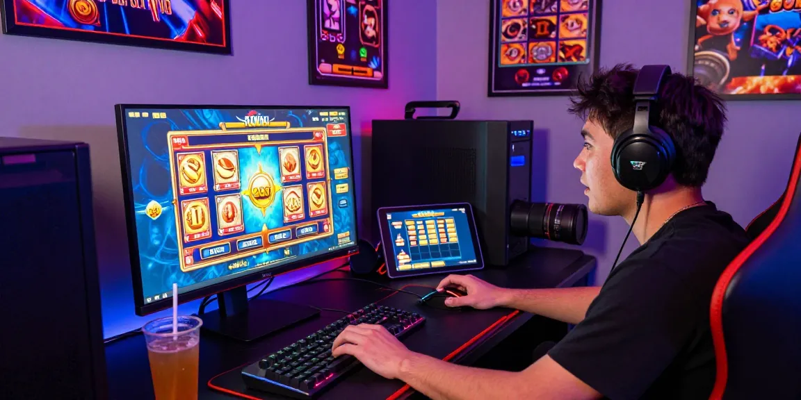 Exciting online gaming experience featuring a เว็บสล็อตเว็บตรงแท้ setup with colorful slot graphics and peripherals.