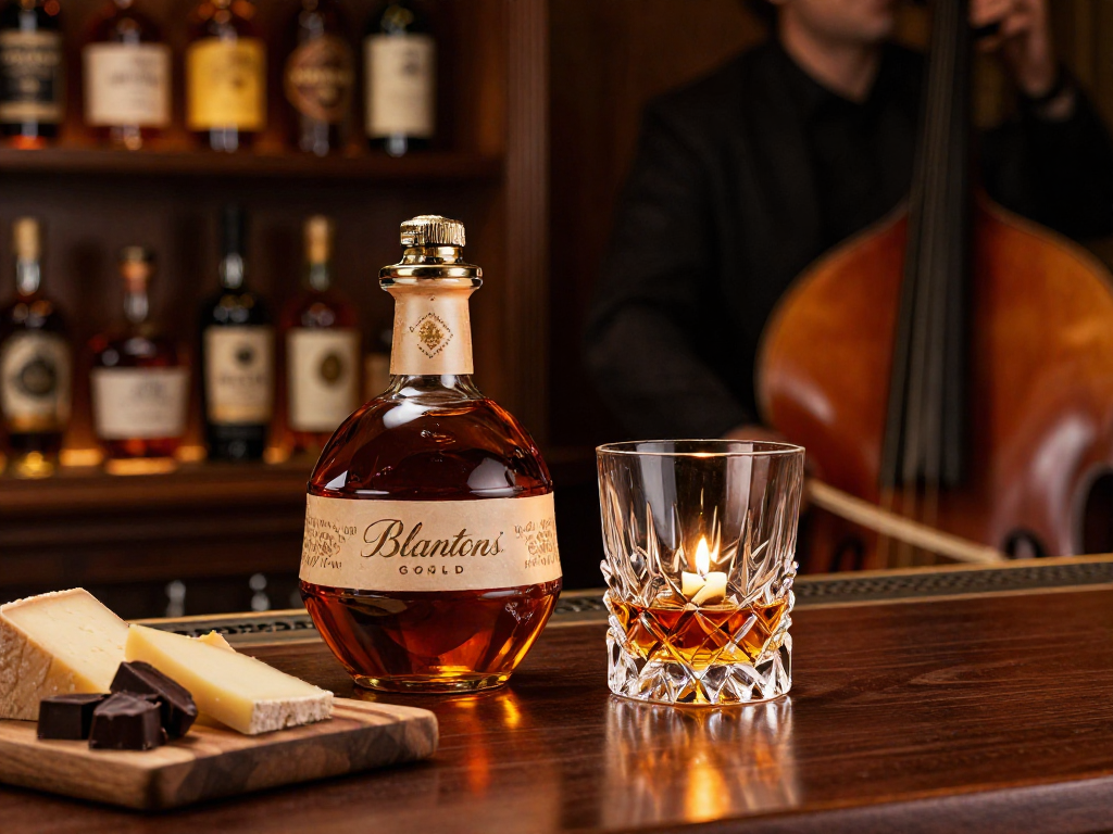Enjoying Blanton's Gold bourbon in an elegant bar with a charcuterie spread.