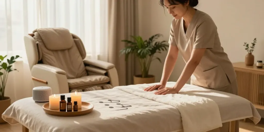 양천구출장안마 relaxing massage therapy setup with candles and essential oils