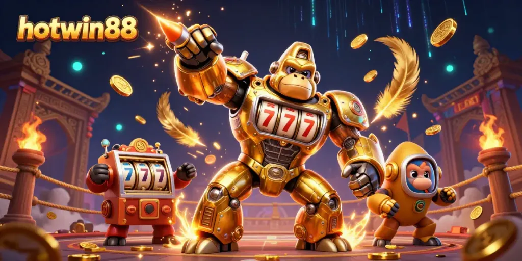 Experience excitement at hotwin88 with a 3D illustration of a transformer-style gorilla mech and vibrant casino elements.