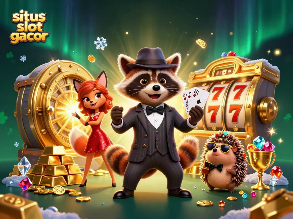 Menggambarkan situs slot gacor dengan karakter animasi menarik di dunia perjudian penuh kemewahan.