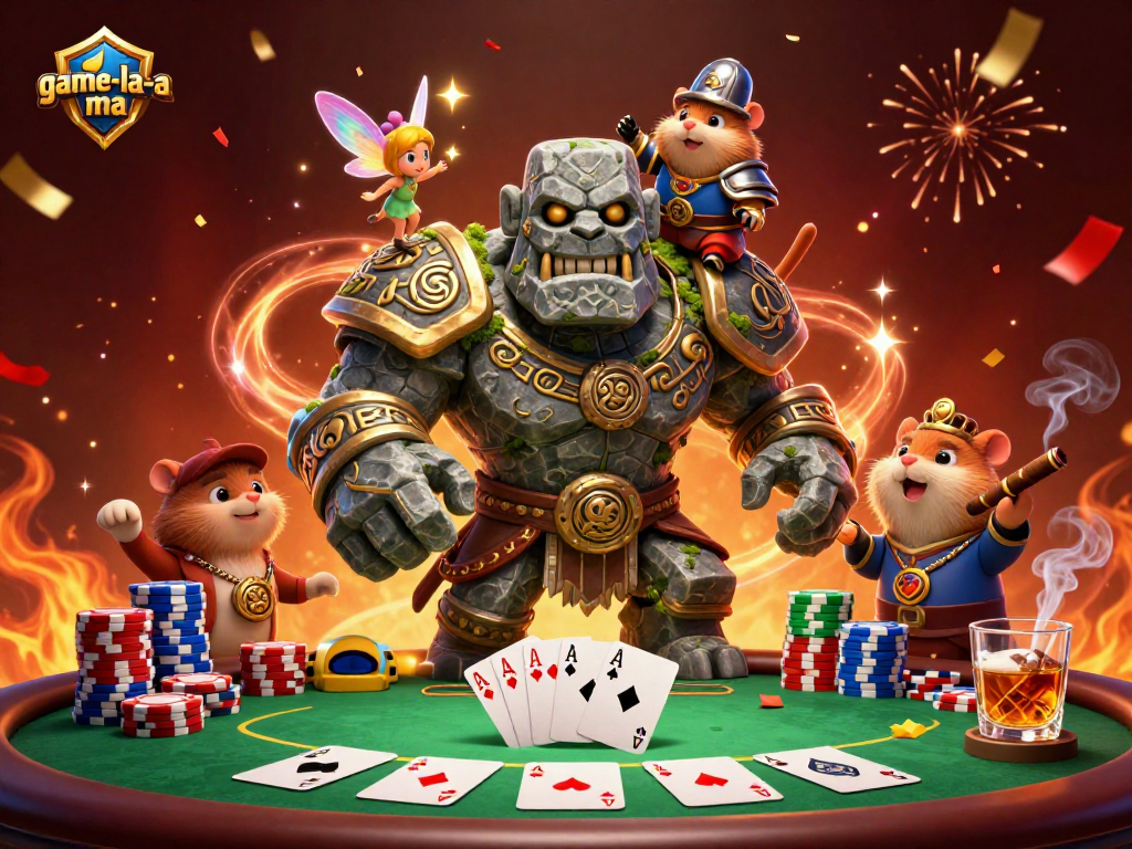 Engage in casino magic with game-la-ma as a golem guardian and friends create winning moments.