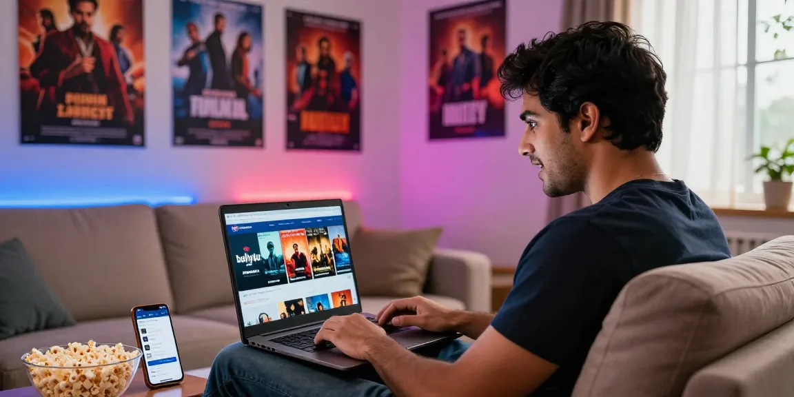 Youth engaging with bolly4u org while watching popular movie trailers in a cozy home theater atmosphere.