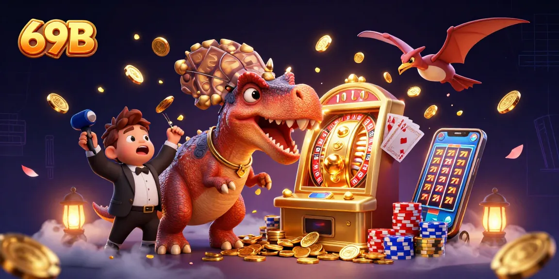 O 69B traz sorte com um dinossauro pachycephalosaurus ganhando moedas em um caça-níqueis dourado.