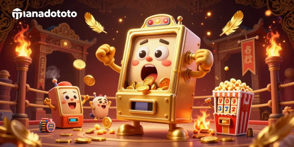 Experience the excitement of manadototo with a lively scene featuring a golden slot machine celebrating a jackpot, surrounded by cheering machines and casino elements.