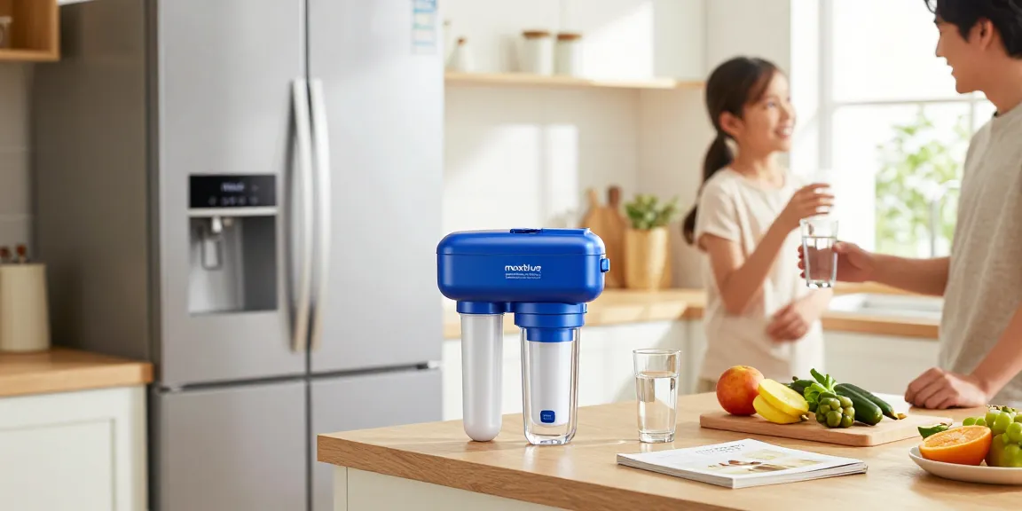 Family enjoying fresh water from the Maxblue EDR3RXD1 Replacement for 4396841 filter in a cozy kitchen setting.
