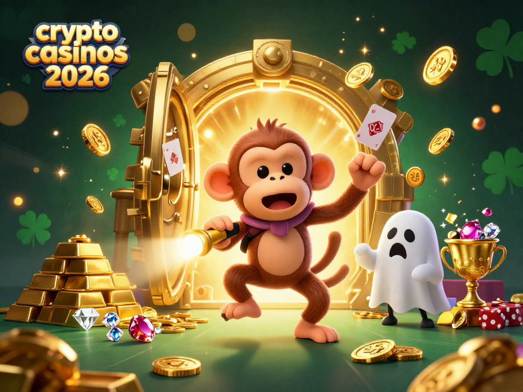 Visitez les crypto casinos 2026 avec un singe fantomatique et un chiot chasseur, dans une scène riche en trésors.