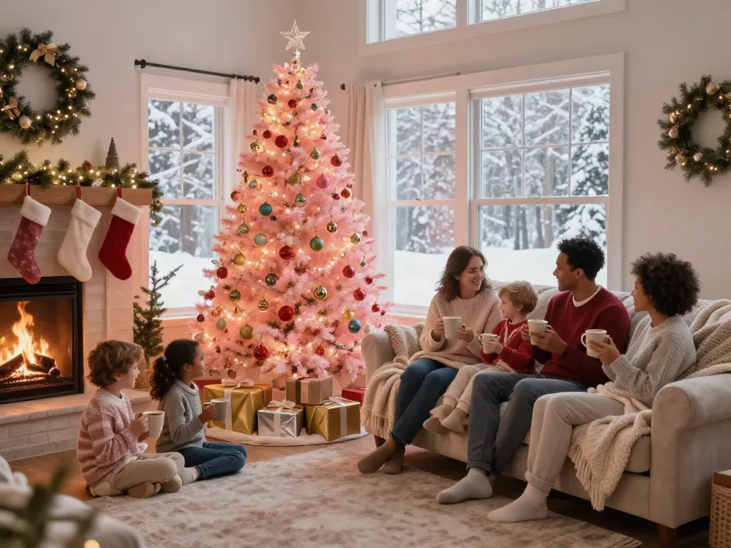 Cozy living room with a pink Christmas tree decorated for the holidays.
