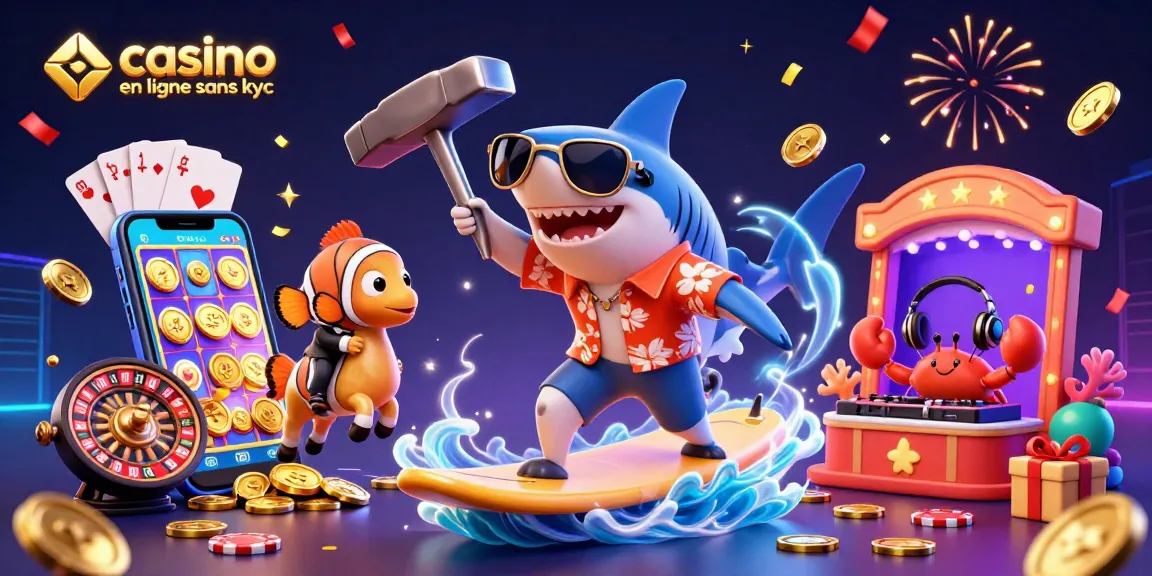 Le casino en ligne sans kyc offre une expérience ludique avec un requin en chemise hawaïenne surfant sur des pièces d'or.