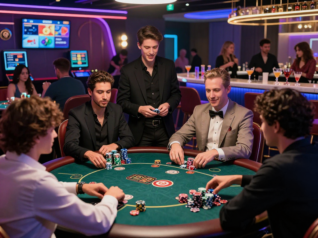 Experience the excitement of a crypto casino with diverse players enjoying table games and digital interfaces.