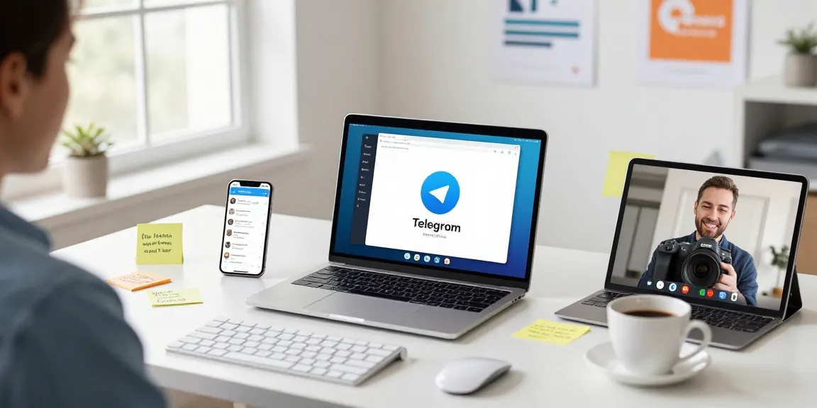 Professional workspace showcasing telegramin-cn.com application on multiple devices, enhancing productivity.