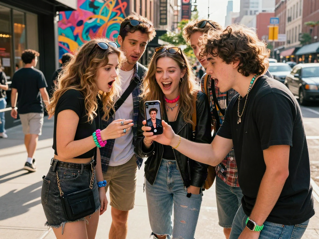Friends comparing looks with celebrities look alike app in urban setting
