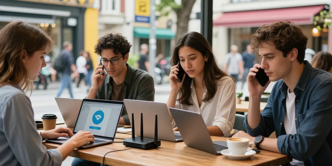 Engaging scene of professionals discussing telegram china usage in a vibrant café atmosphere with VPN tools visible.