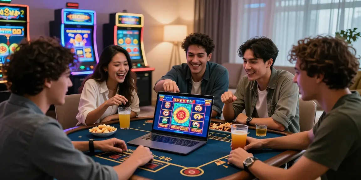 Diverse group of friends celebrating a gaming night using tambakbet link with vibrant online casino atmosphere.